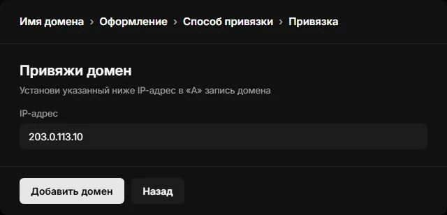 Последний шаг мастера: IP-адрес для A-записи